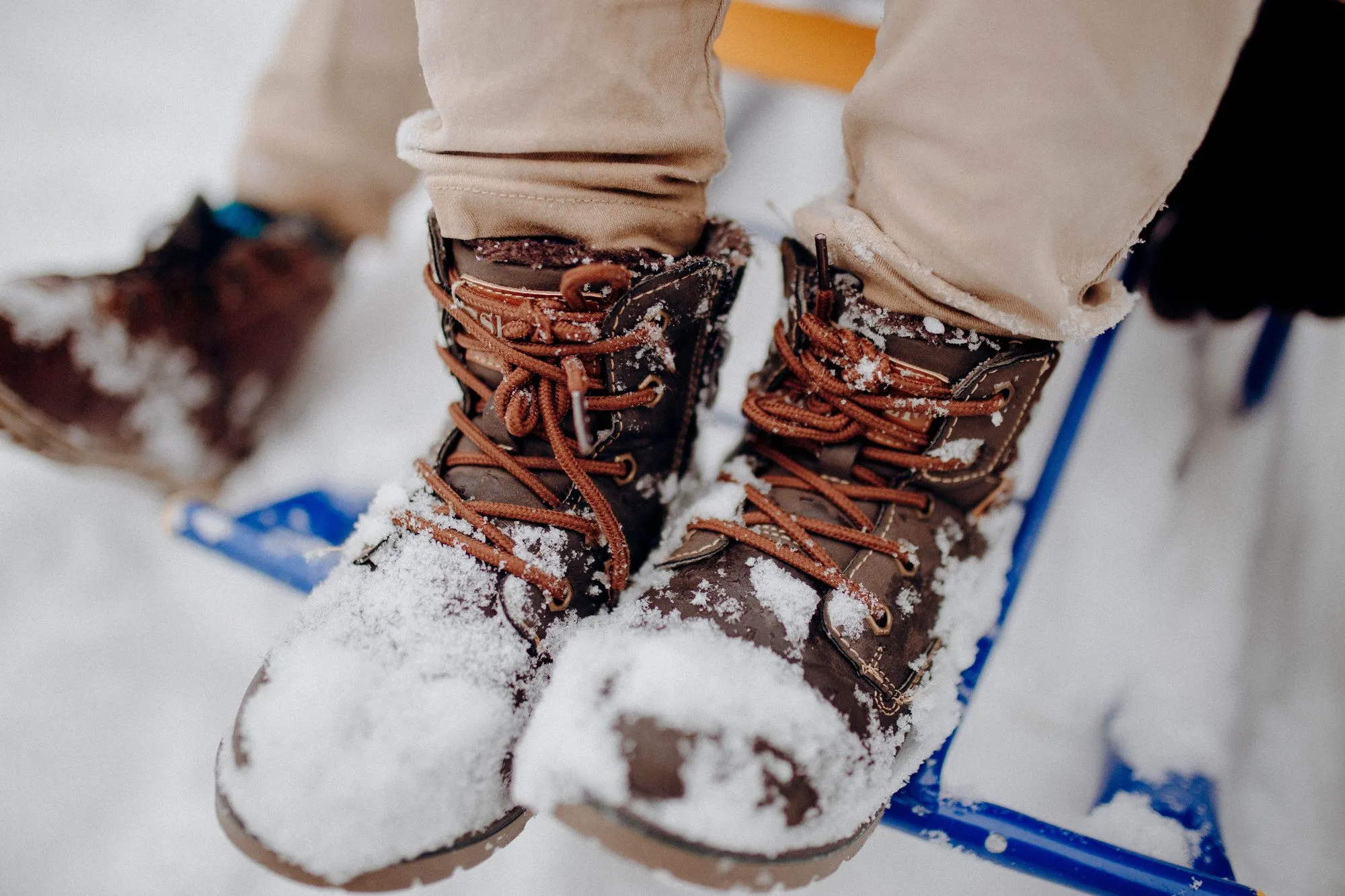 Laced leather winter boots dusted with fresh snow